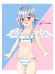 Rule 34 | 1girl, @ @, absurdres, amane kanata, angel, angel wings, artist name, belly, blue eyes, blush, bra, breasts, hachiune (artist), halo, highres, hololive, multicolored hair, open mouth, panties, silver hair, small breasts, smile, striped bra, striped clothes, striped panties, thighs, underwear, virtual youtuber, wings