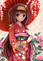 Rule 34 | 1girl, :d, ajimu najimi, blunt bangs, blush, brown eyes, brown hair, checkered background, flat chest, floral print, flower, folding fan, hair ribbon, hairband, hand fan, holding, japanese clothes, kimono, kuroe (sugarberry), leaf, long hair, looking at viewer, low-tied long hair, medaka box, obi, oil-paper umbrella, open mouth, over shoulder, ponytail, ribbon, sash, smile, solo, standing, umbrella, wide sleeves, yellow eyes