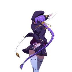 Rule 34 | 00s, 1girl, alternate costume, beret, braid, eltnum, etherlite, fingerless gloves, from behind, gloves, hair ribbon, hat, highres, jacket, long hair, looking back, melty blood, official art, purple eyes, purple hair, ribbon, single braid, single glove, sion eltnam atlasia, skirt, solo, string, sweater, thighhighs, thighs, transparent background, tsukihime, under night in-birth, weapon, white thighhighs, zettai ryouiki
