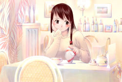 Rule 34 | 1girl, blush, brown eyes, brown hair, chair, cup, gift, hand on own cheek, hand on own face, head rest, indoors, iuro, long hair, long sleeves, plant, solo, sweater, table, teacup, waiting, white theme