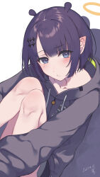 Rule 34 | 1girl, blue eyes, blunt bangs, collarbone, commentary, dated, drawstring, grey hoodie, hair ornament, halo, highres, hololive, hololive english, hood, hoodie, hugging own legs, looking at viewer, mole, mole under eye, ninomae ina&#039;nis, ninomae ina&#039;nis (loungewear), pixie cut, pochi (pochi-goya), pointy ears, pout, purple hair, sidelocks, signature, simple background, solo, star (symbol), star hair ornament, takodachi (ninomae ina&#039;nis), virtual youtuber, white background