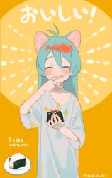 Rule 34 | 1girl, ^^^, ^ ^, animal ear fluff, animal ears, antenna hair, aqua hair, artist name, bad id, bad tumblr id, cat ears, circle, closed eyes, closed mouth, collarbone, eyebrows, facing viewer, food, food on face, hair between eyes, hands up, happy, holding, holding food, long hair, loose clothes, loose shirt, niwabuki, onigiri, original, plate, rice, rice on face, satonaka ruka, shirt, short sleeves, signature, sleeves past elbows, solo, sparkle, translation request, two-tone background, upper body, white shirt, wiping mouth, yellow background