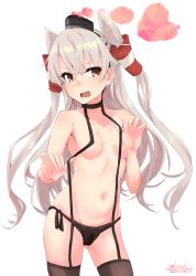 Rule 34 | 1girl, alakoala, amatsukaze (kancolle), black panties, blush, brown eyes, choker, cowboy shot, fang, garter straps, groin, hair between eyes, hair tubes, hairband, highres, kantai collection, long hair, looking at viewer, navel, open mouth, panties, side-tie panties, sidelocks, signature, silver hair, skindentation, smokestack hair ornament, solo, stomach, thighhighs, thighs, topless, two side up, underwear, underwear only