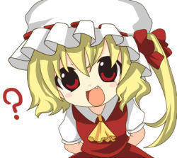 Rule 34 | 1girl, :d, ?, arms behind back, bad id, bad pixiv id, blonde hair, chibi, curious, embodiment of scarlet devil, fang, female focus, flandre scarlet, hat, hatena yousei, lowres, open mouth, oshiruko (tsume), parody, red eyes, side ponytail, smile, solo, touhou, upper body