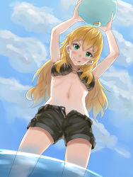 Rule 34 | 1girl, ahoge, bad id, bad pixiv id, bikini, bikini top only, blonde hair, breasts, cloud, day, from below, green eyes, highres, hoshii miki, hrch72, idolmaster, idolmaster (classic), long hair, looking at viewer, medium breasts, outdoors, shorts, sky, solo, swimsuit, tongue, underboob, unzipped