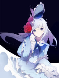 Rule 34 | 1girl, blue dress, blue hair, copyright request, dress, expressionless, flower, frilled sleeves, frills, grey eyes, hair ornament, highres, long hair, long sleeves, looking at viewer, red flower, red rose, rose, solo, swept bangs, wide sleeves, x-red flower