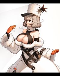 Rule 34 | 1girl, absurdres, bare shoulders, blonde hair, blush, braid, breasts, cleavage, closed mouth, coat, collarbone, french braid, fur-trimmed coat, fur hat, fur trim, girls&#039; frontline, gloves, hachirodesu, hat, highres, kord (girls&#039; frontline), looking away, medium breasts, orange gloves, papakha, platinum blonde hair, red eyes, short hair, solo, upper body, white background, white hat, winter clothes, winter coat