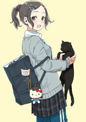 Rule 34 | 1girl, :d, animal, bag, bag charm, bandaid, bandaid on hand, black cat, black skirt, blush, brown hair, cardigan, cat, charm (object), collared shirt, from side, grey eyes, hair ornament, hairpin, hello kitty, holding, holding animal, holding cat, looking at viewer, morifumi, necktie, open mouth, original, pants, pants under skirt, plaid, plaid skirt, pleated skirt, ponytail, raised eyebrows, sanrio, school bag, school uniform, shirt, short hair, shoulder bag, skirt, smile, solo, striped clothes, striped pants, teeth, track pants, yellow background