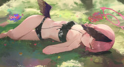 Rule 34 | 1girl, absurdres, bikini, black bikini, black wings, blue archive, blush, feathered wings, flat chest, grass, halo, head wings, highres, kji (rozo), koharu (blue archive), koharu (swimsuit) (blue archive), lying, official alternate costume, on back, on ground, outdoors, petite, pink hair, red halo, smile, solo, stomach, strapless, strapless bikini, swimsuit, twintails, wings