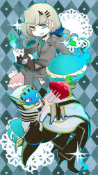 Rule 34 | 10s, 2boys, argyle, argyle background, argyle clothes, bad id, bad pixiv id, bell-bottoms, blue eyes, blue fire, cape, chibi, dual persona, fire, food, fork, formal, glowing, glowing eyes, green fire, grey eyes, grey hair, hair ornament, hairclip, heart, heterochromia, high heels, long hair, lunatic (tiger &amp; bunny), macaron, macaroon, male focus, multiple boys, necktie, pale skin, pants, ponytail, shoes, suit, superhero costume, telasawa, tiger &amp; bunny, yuri petrov