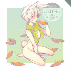 Rule 34 | 1boy, animal ears, arm support, rabbit ears, rabbit tail, carrot, clear (dramatical murder), dramatical murder, green scarf, kemonomimi mode, looking at viewer, male focus, me yoru, mole, mole under mouth, naked scarf, open mouth, pale skin, rabbit boy, red eyes, scarf, solo, star (symbol), tail, teruterubouzu, white hair