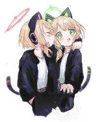 Rule 34 | 2girls, alternate costume, animal ear headphones, animal ears, arm around shoulder, black jacket, black pants, blonde hair, blue archive, blush, bow, cat ear headphones, closed eyes, closed mouth, fake animal ears, green eyes, hair bow, halo, hand in pocket, headphones, highres, jacket, long sleeves, looking at viewer, midori (blue archive), momoi (blue archive), multiple girls, open mouth, pants, reitoubeef, shirt, siblings, simple background, sisters, sweat, tail, twins, white background, white shirt