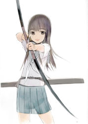 Rule 34 | 1girl, :d, bow (weapon), eyebrows, holding, holding weapon, long hair, looking at viewer, okama, open mouth, original, pleated skirt, school uniform, see-through silhouette, serafuku, short sleeves, skirt, smile, solo, weapon