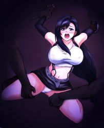Rule 34 | 1990s (style), 1girl, breasts, brown hair, disembodied limb, final fantasy, final fantasy vii, groping, highres, imminent rape, large breasts, md5 mismatch, molestation, nipples, panties, pantyshot, purple eyes, solo, solo focus, square enix, tifa lockhart, underwear, upskirt, white panties, yakou hito