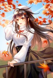 Rule 34 | 1girl, :d, antenna hair, autumn, autumn leaves, beret, black skirt, blurry, blurry background, brown hair, commentary request, day, depth of field, falling leaves, feet out of frame, floating hair, hand on railing, hand up, hat, highres, lalazyt, leaf, long hair, long skirt, long sleeves, maple leaf, open mouth, orange eyes, original, outdoors, railing, skirt, smile, solo, standing, sweater, turtleneck, turtleneck sweater, very long hair, white hat, white sweater, wind
