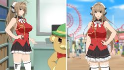Rule 34 | 1girl, amagi brilliant park, bare arms, bare shoulders, blurry, breasts, brown eyes, brown hair, cottage, cowboy shot, day, depth of field, desk, facing viewer, ferris wheel, green headwear, hair intakes, hair ribbon, hand on own hip, hat, high ponytail, highres, indoors, large breasts, long hair, mascot, miniskirt, moffle, open mouth, outdoors, pleated skirt, red neckwear, ribbon, ribbon-trimmed legwear, ribbon trim, sento isuzu, shirt, skirt, sky, sleeveless, sleeveless shirt, smile, standing, tagme, thighhighs, white neckwear, white thighhighs, zettai ryouiki