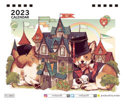Rule 34 | 2023, 2others, absurdres, aircraft, animal, animal focus, animal print, bearskin cap, black hat, black jacket, blue sky, border, bow, bowtie, building, calendar (medium), clothed animal, cloud, dog, dog print, flag, full body, hat, highres, hot air balloon, instagram logo, instagram username, jacket, looking at viewer, lying on animal, multiple others, original, outdoors, outside border, oversized animal, pawpads, plaid sash, rainbow, red bow, red bowtie, red sash, sash, scenery, sitting on animal, size difference, sky, stairs, tonbippo08, tongue, tongue out, town, tree, twitter logo, twitter username, welsh corgi, white border