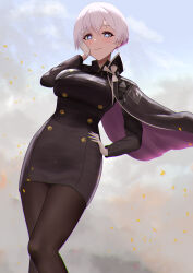 Rule 34 | + +, 1girl, black cape, black dress, black pantyhose, blue eyes, cape, closed mouth, colored inner hair, cowboy shot, dress, dust cloud, earrings, gloves, goddess of victory: nikke, hand on own cheek, hand on own face, hand on own hip, highres, jewelry, liliweiss (nikke), military uniform, multicolored hair, outdoors, pantyhose, pink hair, purple cape, sawtooth, short hair, smile, solo, star-shaped pupils, star (symbol), symbol-shaped pupils, two-tone cape, uniform, white gloves, white hair