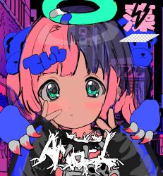 Rule 34 | 1girl, :o, bandaid, bandaid on halo, blue eyes, blush, collar, halo, highres, long sleeves, looking at viewer, momae makku, multicolored hair, original, parted lips, pink hair, purple hair, solo, spiked collar, spikes, split-color hair, v