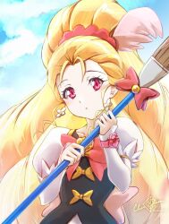 Rule 34 | 1girl, blonde hair, bow, brooch, broom, clear glass (mildmild1311), cloud, cloudy sky, cure art, day, earrings, happinesscharge precure!, heart, heart brooch, jewelry, long hair, magical girl, paintbrush, pink bow, precure, red eyes, signature, sky, solo, upper body