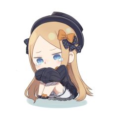 Rule 34 | 1girl, abigail williams (fate), black bow, black dress, black footwear, black hat, blonde hair, bloomers, blue eyes, blush, bow, chibi, covered mouth, dress, fate/grand order, fate (series), hair bow, hat, hugging own legs, knees up, long hair, long sleeves, orange bow, parted bangs, polka dot, polka dot bow, shadow, shoes, sitting, sleeves past fingers, sleeves past wrists, solo, tears, totatokeke, underwear, very long hair, white background, white bloomers