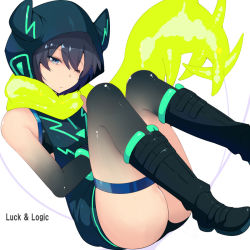 Rule 34 | 10s, 1girl, asuha mana, black footwear, black hair, blue eyes, boots, character request, colored skin, copyright name, dress, hair between eyes, hood, hooded dress, hoodie, knee boots, looking at viewer, luck &amp; logic, multicolored skin, one eye closed, scarf, short dress, sleeveless, sleeveless dress, solo, sts, thigh strap, two-tone skin, yellow scarf