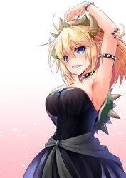 Rule 34 | 1girl, aozora market, armpits, arms up, bare shoulders, black choker, black dress, black nails, blonde hair, blue eyes, blue gemstone, blush, bowsette, bracelet, breasts, choker, closed mouth, collarbone, commentary request, crown, dress, fingernails, gem, gradient background, hair between eyes, hands up, horns, jewelry, large breasts, long fingernails, long hair, looking at viewer, mario (series), nail polish, new super mario bros. u deluxe, nintendo, pink background, ponytail, sharp teeth, sidelocks, sleeveless, sleeveless dress, solo, spikes, standing, teeth, turtle shell, v-shaped eyebrows, white background