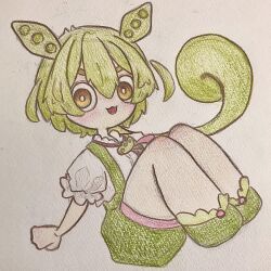 Rule 34 | 1girl, :3, animal ears, chibi, green hair, green shorts, green suspenders, hair between eyes, hatsugamame, highres, long hair, looking at viewer, low ponytail, open mouth, photo (medium), puffy short sleeves, puffy sleeves, shirt, short sleeves, shorts, simple background, smile, solo, suspender shorts, suspenders, traditional media, voicevox, white background, white shirt, yellow eyes, zundamon