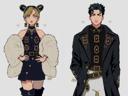 Rule 34 | 1boy, 1girl, arm at side, bad id, bad pixiv id, badge, belt, black coat, black dress, black footwear, black hair, black shirt, blonde hair, boots, braid, braided bun, buttons, chain, coat, collarbone, collared shirt, cone hair bun, cowboy shot, double bun, dress, earrings, father and daughter, frown, fur, furrowed brow, gem, green eyes, green lips, grey background, hair bun, halter dress, halterneck, hand in pocket, hands on own hips, hat, highres, jewelry, jojo no kimyou na bouken, kisaragi yuu (fallen sky), kuujou jolyne, kuujou joutarou, lipstick, long coat, looking at viewer, makeup, multicolored hair, multiple belts, nail polish, necklace, open clothes, open coat, pants, parted bangs, parted lips, shawl, shirt, signature, simple background, sleeveless, sleeveless dress, sleeves past fingers, sleeves past wrists, star (symbol), stardust crusaders, stone ocean, stud earrings, thigh boots, thigh gap, thighhighs, two-tone hair, v-shaped eyebrows, white pants