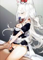 Rule 34 | animal ears, artist request, azur lane, bottomless, breasts, breasts out, cat ears, cat girl, choker, collar, cowgirl position, dark-skinned male, dark skin, deep penetration, hair ribbon, half-closed eyes, hammann (azur lane), holding hands, interracial, looking down, lowres, maid, nipples, no bra, no panties, ribbon, silver hair, small breasts, straddling