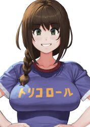 Rule 34 | 1girl, blue shirt, blush, braid, breasts, brown eyes, brown hair, collarbone, commentary request, hands on own hips, highres, large breasts, looking at viewer, maruko tooto, original, print shirt, shirt, short sleeves, simple background, single braid, smile, solo, upper body, white background