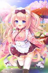 Rule 34 | 1girl, animal ear fluff, animal ears, apron, black footwear, blue eyes, boots, bow, breasts, brown bow, brown skirt, cat ears, cat girl, cat tail, commentary request, cross-laced footwear, cup, dango, day, floral print, food, frilled apron, frilled sleeves, frills, hair bow, hair ornament, hairclip, highres, holding, holding food, holding tray, japanese clothes, kimono, lace-up boots, large breasts, light brown hair, long hair, long sleeves, oil-paper umbrella, original, outdoors, petals, pink kimono, pleated skirt, print kimono, red umbrella, ryuuka sane, sanshoku dango, skirt, solo, standing, standing on one leg, tail, tea, thighhighs, tray, two side up, umbrella, very long hair, wagashi, white apron, white thighhighs, wide sleeves