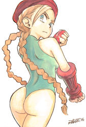 Rule 34 | &gt;:(, 1girl, antenna hair, ass, back, bare legs, bare shoulders, beret, blonde hair, blue eyes, braid, bright pupils, cammy white, clenched hands, cowboy shot, eyebrows, fingerless gloves, from behind, frown, gloves, hand up, hat, highleg, highleg leotard, highres, leotard, long hair, looking at viewer, looking back, outstretched arm, serious, signature, simple background, sleepinwasher, sleeveless, solo, street fighter, thong leotard, twin braids, v-shaped eyebrows, white background