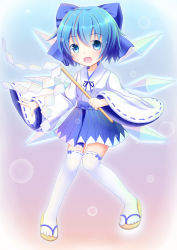 Rule 34 | 1girl, absurdres, alternate costume, blue eyes, blue hair, bow, choko (mixberry parfait), cirno, gohei, hair bow, highres, japanese clothes, matching hair/eyes, miko, oonusa, open mouth, over-kneehighs, ribbon-trimmed thighhighs, ribbon trim, sandals, smile, solo, thighhighs, touhou, white thighhighs, wide sleeves, wings, zettai ryouiki