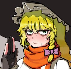 Rule 34 | 1girl, bad id, bad twitter id, bags under eyes, black gloves, black hat, blonde hair, bow, braid, closed mouth, commentary request, cookie (touhou), frilled hat, frills, gloves, green eyes, grey background, hair bow, hat, kirisame marisa, long hair, long sleeves, looking at viewer, mars (cookie), ohasi, orange scarf, partially fingerless gloves, purple bow, scarf, shirt, side braid, simple background, single braid, smile, solo, sweat, touhou, upper body, white shirt, witch hat