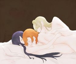 Rule 34 | 10s, 3girls, arms around waist, bed, black hair, blush, brown hair, completely nude, female focus, fff threesome, friends, group sex, hair over eyes, hand on another&#039;s back, kosaka honoka, long hair, love live!, love live! school idol project, lying, lying on person, manasseh, minami kotori, multiple girls, nude, on back, on bed, open mouth, orange hair, polygamy, short hair, smile, sonoda umi, tears, threesome, yellow eyes, yuri