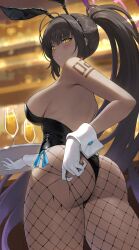 Rule 34 | 1girl, absurdres, alcohol, animal ears, ass, backless leotard, black hair, black leotard, blue archive, blurry, blurry background, blush, breasts, champagne, champagne flute, commentary, cup, dark-skinned female, dark skin, drinking glass, fake animal ears, fishnet pantyhose, fishnets, gloves, gradient hair, hair between eyes, halo, highleg, highleg leotard, highres, holding, holding tray, indoors, karin (blue archive), karin (bunny) (blue archive), large breasts, leotard, long hair, looking at viewer, looking down, multicolored hair, number tattoo, official alternate costume, pantyhose, parted lips, playboy bunny, ponytail, purple hair, purple halo, rabbit ears, reiji-rj, shoulder tattoo, side-tie leotard, sidelocks, solo, strapless, strapless leotard, tattoo, teeth, thong leotard, torn clothes, torn pantyhose, tray, twisted torso, very long hair, white gloves, white wrist cuffs, wrist cuffs, yellow eyes