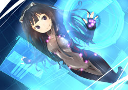 Rule 34 | 10s, 1girl, animal ears, black hair, blunt bangs, blush, bodysuit, breasts, cat ears, closed mouth, display, dutch angle, fake animal ears, fingerless gloves, gloves, glowing, grid, guilty crown, hairband, holographic interface, leg lift, light smile, long hair, looking at viewer, mokoke, monitor, neon trim, purple eyes, small breasts, smile, solo, tsugumi (guilty crown), turtleneck