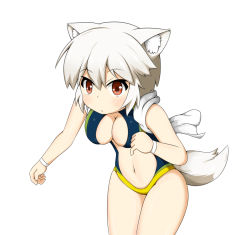 Rule 34 | 1girl, animal ears, bare arms, bare shoulders, belly, blush, breasts, cleavage, competition swimsuit, hitotsubashi inari, inubashiri momiji, leaning forward, looking at viewer, navel, one-piece swimsuit, red eyes, revealing clothes, short hair, solo, swimsuit, tail, thighs, touhou, towel, towel around neck, white hair, wolf ears, wolf tail, wristband