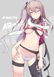 Rule 34 | 1girl, aosora kamiya, belt, black thighhighs, blue eyes, bow, bow panties, breasts, buckle, character name, clothes writing, contrapposto, cowboy shot, eyelashes, garter straps, girls&#039; frontline, grey background, hair between eyes, hair ornament, highres, holster, legs apart, long hair, looking at viewer, medium breasts, navel, no pants, panties, parted lips, pink hair, scarf, shoulder holster, single thighhigh, skindentation, snap-fit buckle, solo, speaker, st ar-15 (girls&#039; frontline), standing, stomach, thigh strap, thighhighs, topless, underboob, underwear, underwear only, white panties, white scarf, wire