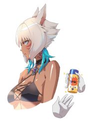 Rule 34 | 1girl, absurdres, animal ears, bikini, bikini top only, breasts, cat ears, cropped torso, disembodied hand, facial mark, final fantasy, final fantasy xiv, grey eyes, halterneck, highres, hjz (artemi), looking at viewer, lotion, medium breasts, miqo&#039;te, neck tattoo, short hair, solo, sunscreen, swimsuit, tattoo, whisker markings, white background, white hair, y&#039;shtola rhul