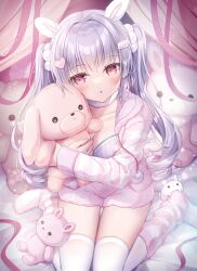 Rule 34 | 1girl, :o, animal ears, blush, breasts, cleavage, commentary request, grey hair, hair intakes, hair ornament, heart, heart hair ornament, highres, hugging object, jacket, kohinata hoshimi, long sleeves, medium breasts, open clothes, open jacket, original, parted lips, pink jacket, pink shorts, rabbit ears, red eyes, short shorts, shorts, sitting, socks, socks over thighhighs, solo, striped clothes, striped jacket, striped socks, stuffed animal, stuffed rabbit, stuffed toy, teddy bear, thighhighs, twintails, wariza, white thighhighs