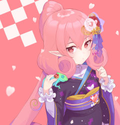 Rule 34 | 1girl, animal, animal on shoulder, animal print, butterfly print, chameleon, closed mouth, commentary, curly hair, flower, from above, furisode, hair between eyes, hair flower, hair ornament, hand up, heart, high ponytail, japanese clothes, kanzashi, kimono, long hair, long sleeves, looking at viewer, neneka (new year) (princess connect!), neneka (princess connect!), obi, pink background, pink hair, pointy ears, princess connect!, print kimono, purple kimono, red eyes, sash, shimon (31426784), solo, wide sleeves