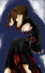 Rule 34 | 1girl, absurdres, aosu-chin, bad id, bad pixiv id, blue background, bow, breasts, brown hair, cleavage, closed eyes, frilled sleeves, frills, hands in hair, hat, highres, hobble dress, leaning forward, lorelei (module), lovers suicide oblivion (vocaloid), meiko (vocaloid), mini hat, project diva (series), project diva extend, short hair, sitting, solo, striped, striped bow, vocaloid