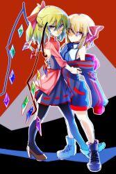 Rule 34 | 2girls, alternate hairstyle, alternate headwear, bare shoulders, black background, black pantyhose, blonde hair, brown footwear, closed mouth, contemporary, corset, crystal, flandre scarlet, from side, full body, grey background, hair between eyes, highres, light smile, looking at viewer, manekinekoppoi inu, medium hair, multicolored background, multicolored wings, multiple girls, pantyhose, pointy ears, ponytail, red background, red eyes, rumia, shirt, skirt, sleeveless, sleeveless shirt, touhou, white shirt, wings