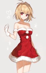 Rule 34 | 1girl, ahoge, arcueid brunestud, bad id, bad pixiv id, bare shoulders, blonde hair, breasts, chocoan, cleavage, cowboy shot, dress, fur trim, gloves, grey background, hair intakes, hand up, heart, large breasts, looking at viewer, red eyes, santa costume, santa dress, short hair, smile, solo, standing, strapless, strapless dress, tsukihime, tube dress, white gloves