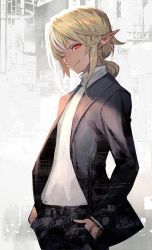 Rule 34 | 1girl, black jacket, black pants, black suit, blonde hair, city, closed mouth, commentary, cowboy shot, dark-skinned female, dark skin, formal, genderswap, genderswap (ftm), hands in pockets, highres, ho/laurent, hololive, hololive fantasy, jacket, lack, looking at viewer, male focus, medium hair, multicolored hair, one eye closed, pants, photo background, pointy ears, ponytail, red eyes, shiranui flare, shiranui homura, shirt, sidelocks, smile, solo, streaked hair, suit, turtleneck, two-tone hair, virtual youtuber, white hair, white shirt