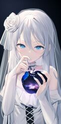 Rule 34 | 1girl, absurdres, apple, bare shoulders, blue eyes, blue nails, bridal gauntlets, dress, eating, finger to mouth, flower, food, fruit, hair between eyes, hair flower, hair ornament, hands up, highres, hiyayo25, holding, holding food, long hair, looking at viewer, nail polish, project sekai, rose, solo, straight hair, upper body, veil, white dress, white flower, white hair, white rose, yoisaki kanade