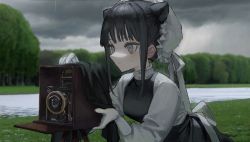Rule 34 | 1girl, black hair, blunt bangs, brown eyes, camera, double bun, dress, es-ther, gloves, grass, grey eyes, hair bun, highres, holding, holding camera, long sleeves, maid, maid headdress, original, overcast, puffy long sleeves, puffy sleeves, rain, river, short hair with long locks, sky, solo, tree, white gloves