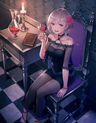 Rule 34 | 1girl, :d, alcohol, anbe yoshirou, bangle, black choker, black dress, blue eyes, blush, book, bracelet, breasts, candle, chair, checkered floor, choker, cleavage, collarbone, criss-cross halter, cup, dress, drinking glass, flower, hair flower, hair ornament, halter dress, halterneck, highres, indoors, jewelry, looking at viewer, medium breasts, nail polish, off-shoulder dress, off shoulder, on chair, open mouth, original, pink flower, purple nails, see-through, short hair, short sleeves, signature, silver hair, smile, solo, wallpaper (object), wine, wine glass